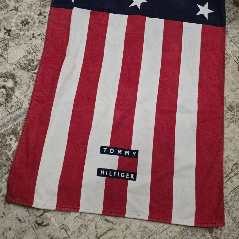 Vintage Tommy Hilfiger American Flag Beach Towel 90s Stars Stripes Cotton